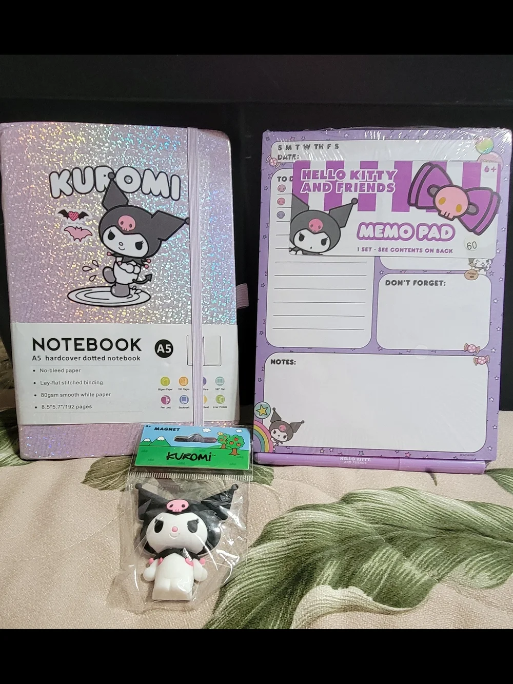 812-Sanrio Kuromi Glitter Lavender A5 Notebook & Memo Pad Set